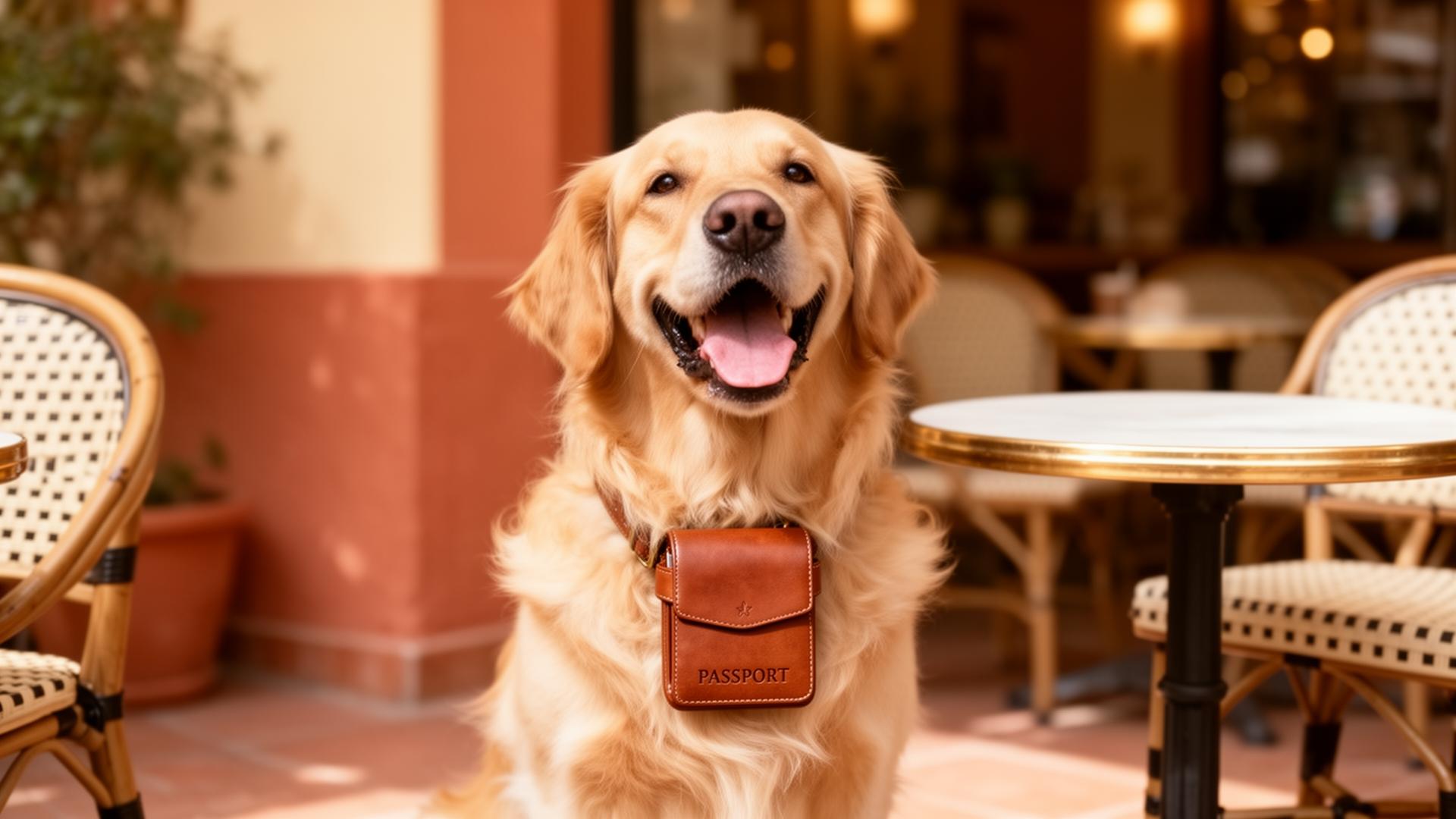 Golden retriever wearing a leather dog passport pouch on a sunny café patio